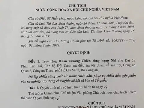 Chủ tịch nước truy tặng Huân chương Chiến công hạng Nhì cho Đại úy công an hy sinh khi làm nhiệm vụ